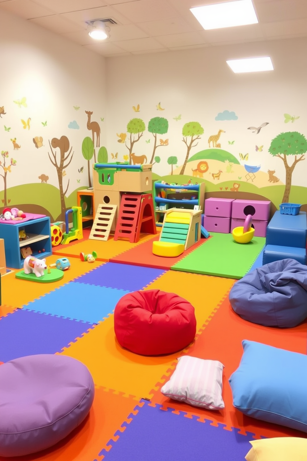 A padded play area designed for active toddlers features soft foam flooring in vibrant colors to ensure safety and comfort. The space is filled with age-appropriate toys, climbing structures, and interactive play panels to encourage physical activity and imaginative play. The toddler playroom includes playful wall decals depicting animals and nature scenes to create an engaging environment. Cozy seating areas with bean bags and soft cushions provide a comfortable spot for storytime and relaxation after play.