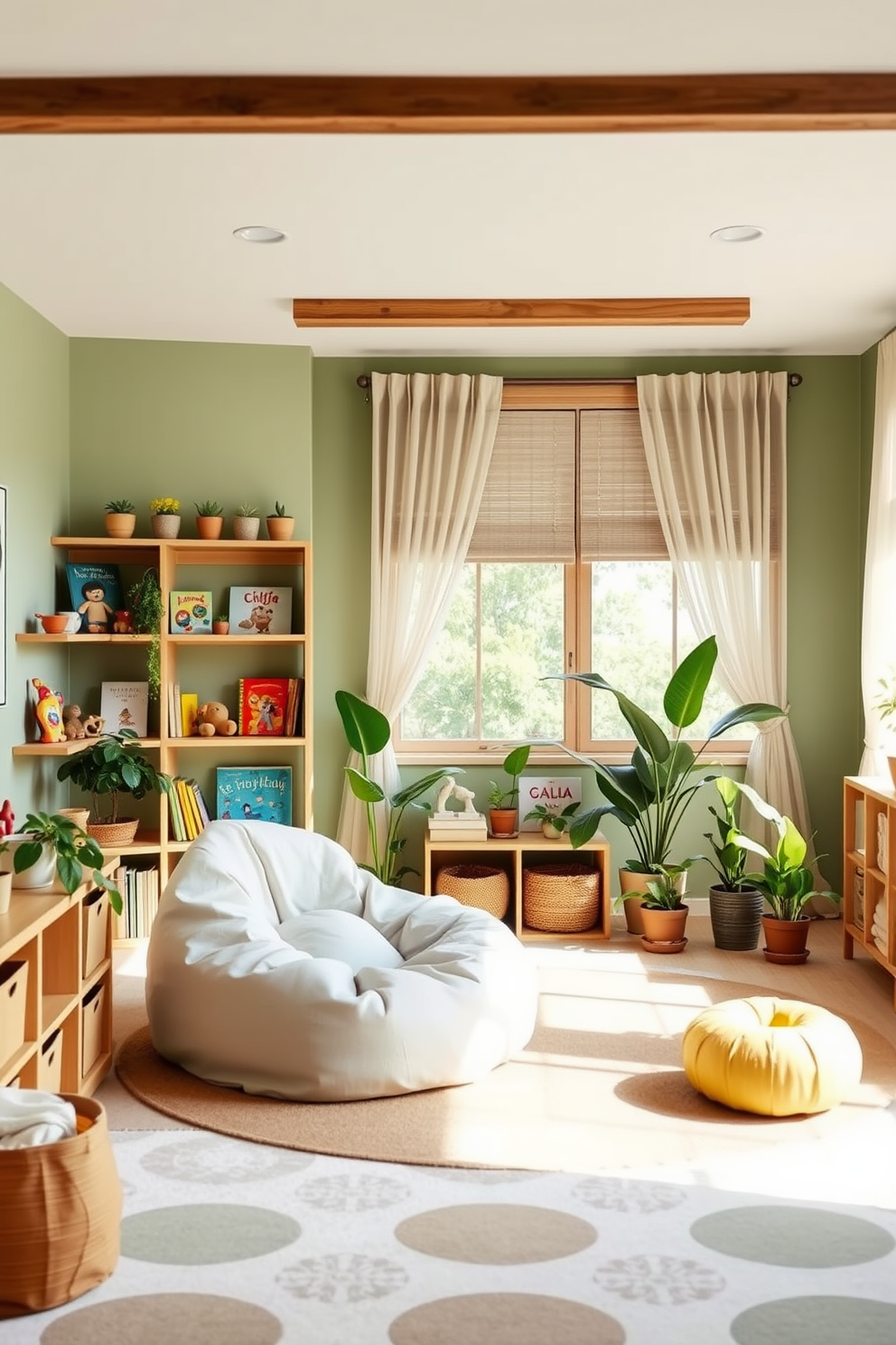 A serene toddler playroom filled with nature-inspired decor. Soft green walls create a calming ambiance while wooden shelves display colorful toys and books. A cozy reading nook features a plush bean bag chair surrounded by potted plants. Natural light streams in through large windows adorned with sheer curtains, enhancing the tranquil atmosphere.