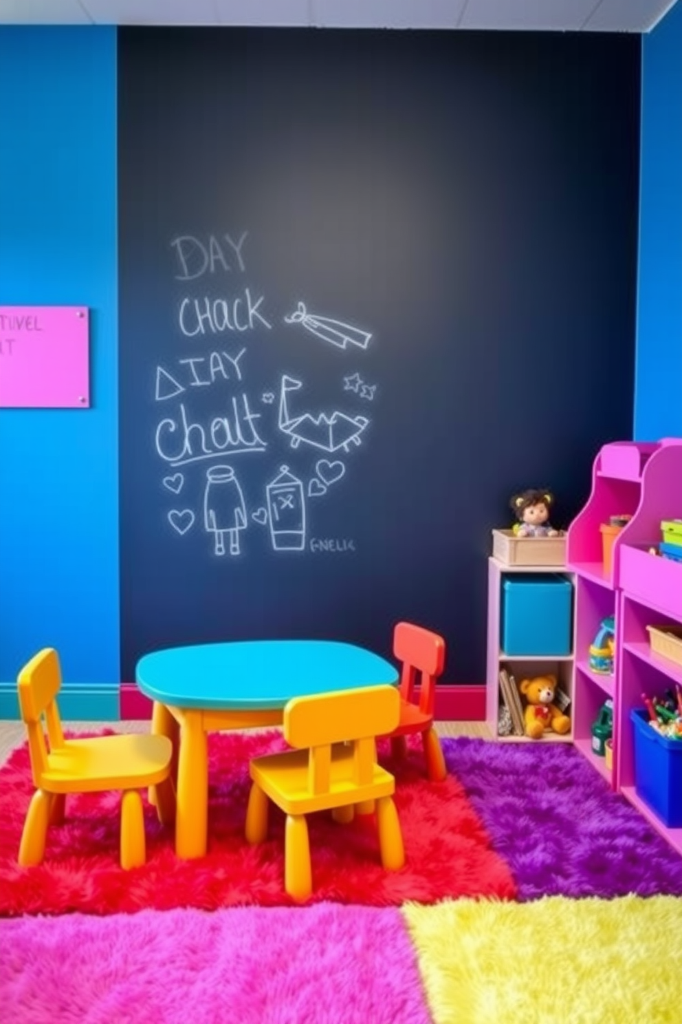 A magnetic chalkboard wall stretches across one side of the playroom, inviting creativity and endless drawing opportunities. Brightly colored furniture, including a small table and chairs, complements the playful atmosphere while providing a space for artistic expression. Soft, plush rugs in vibrant hues cover the floor, ensuring comfort for little ones as they play and explore. Shelves filled with toys and art supplies are easily accessible, encouraging imaginative play and hands-on learning.