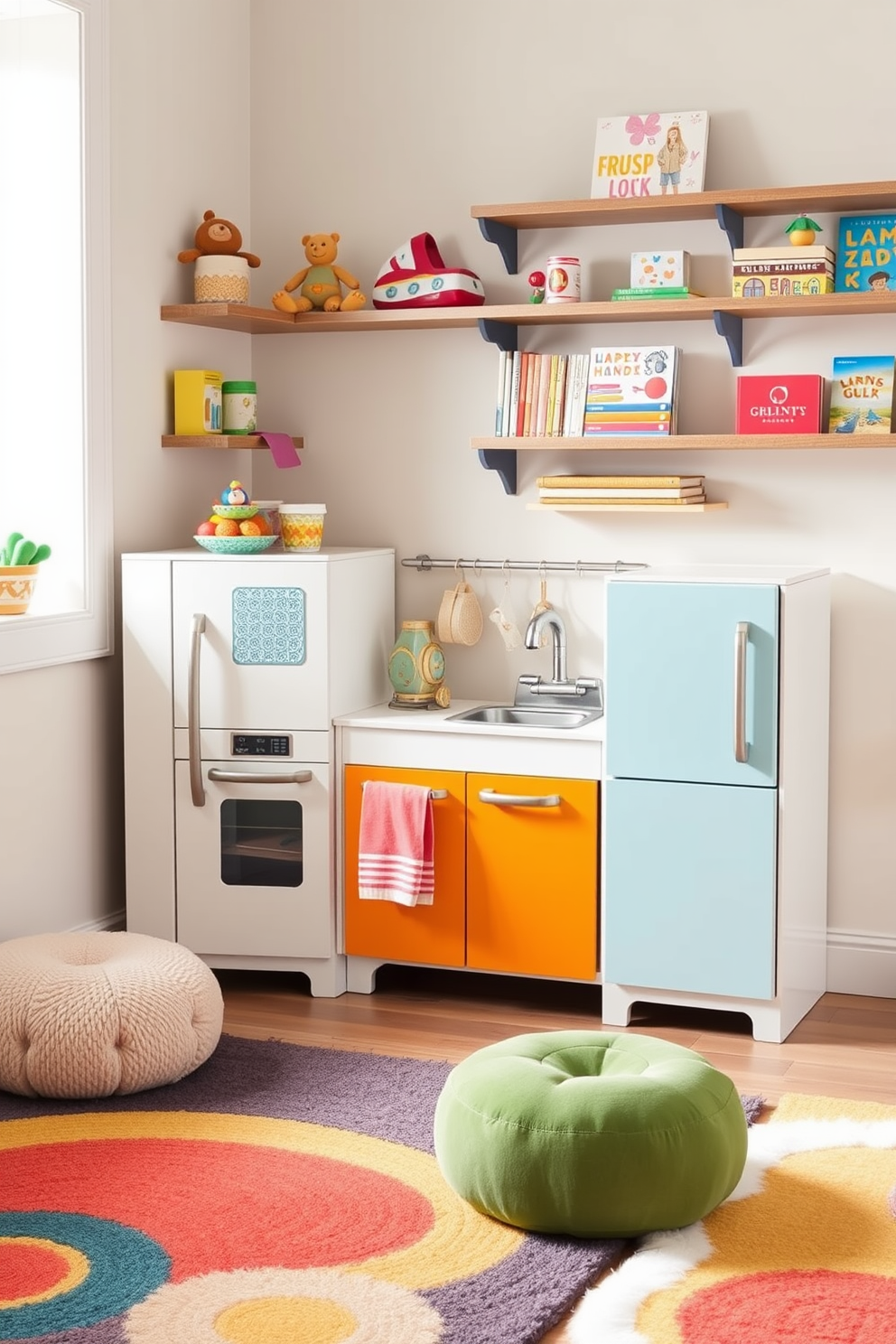 A whimsical play kitchen designed for imaginative role-playing. It features a bright color palette with a miniature stove, refrigerator, and sink, all crafted from safe, durable materials. The playroom includes soft, colorful rugs and plush seating areas for toddlers. Wall-mounted shelves display toys and books, creating an inviting and organized space for creative play.