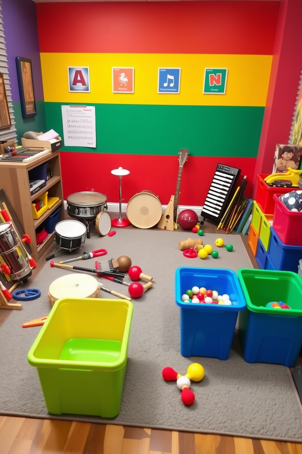 A vibrant toddler playroom filled with musical instruments for auditory exploration. The walls are painted in bright primary colors, and a soft rug covers the floor, providing a safe space for play. In one corner, a variety of musical instruments like drums, xylophones, and maracas are arranged for easy access. Colorful storage bins are placed nearby to keep toys organized and encourage creativity.