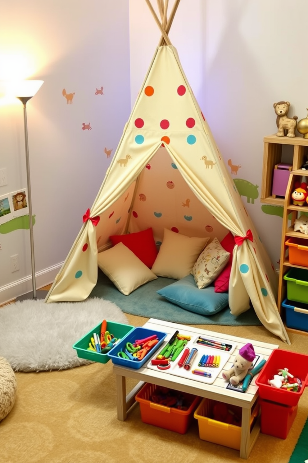 A whimsical tent or teepee is set up in a corner of the toddler playroom, adorned with colorful patterns and soft cushions scattered inside. Surrounding the tent, playful wall decals of animals create a cheerful atmosphere, while a plush rug in bright colors adds comfort to the space. The playroom features a low table with art supplies and toys neatly organized in vibrant bins, encouraging creativity and exploration. Soft lighting from a nearby lamp creates a warm and inviting ambiance, making it the perfect hideout for little ones.