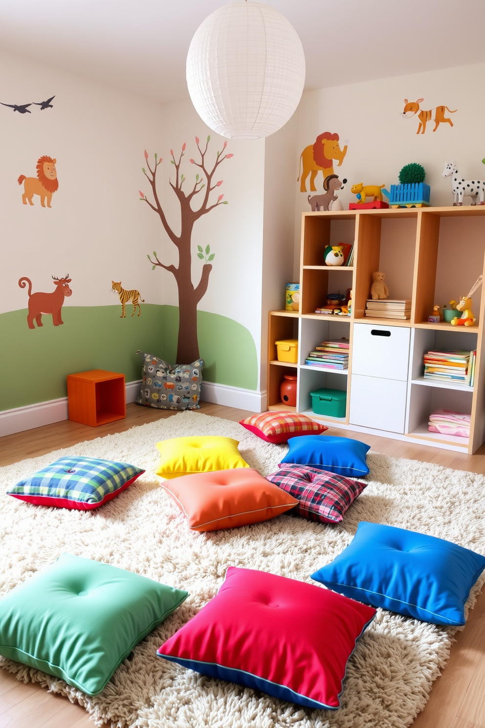 A cozy toddler playroom featuring colorful floor cushions scattered across a soft, plush rug. The walls are adorned with playful animal murals, and a low wooden shelf holds an array of toys and books for easy access.