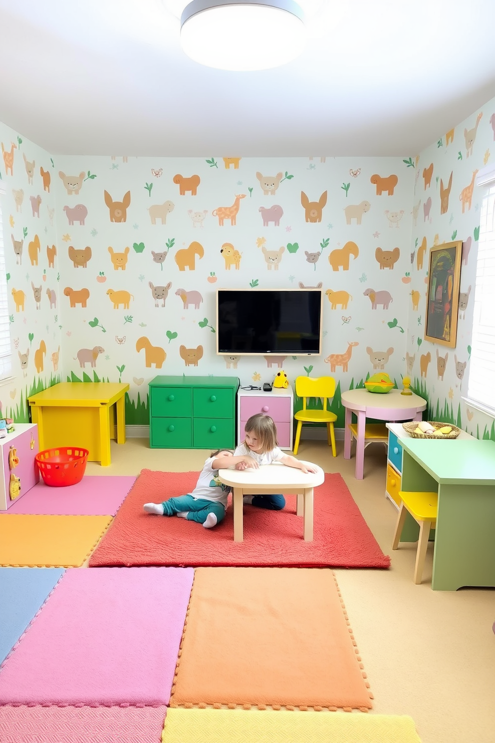 A cozy toddler playroom designed for safe playtime features soft floor mats in pastel colors that provide a comfortable area for children to explore. The walls are adorned with playful animal-themed wallpaper, and bright, cheerful furniture adds to the inviting atmosphere.