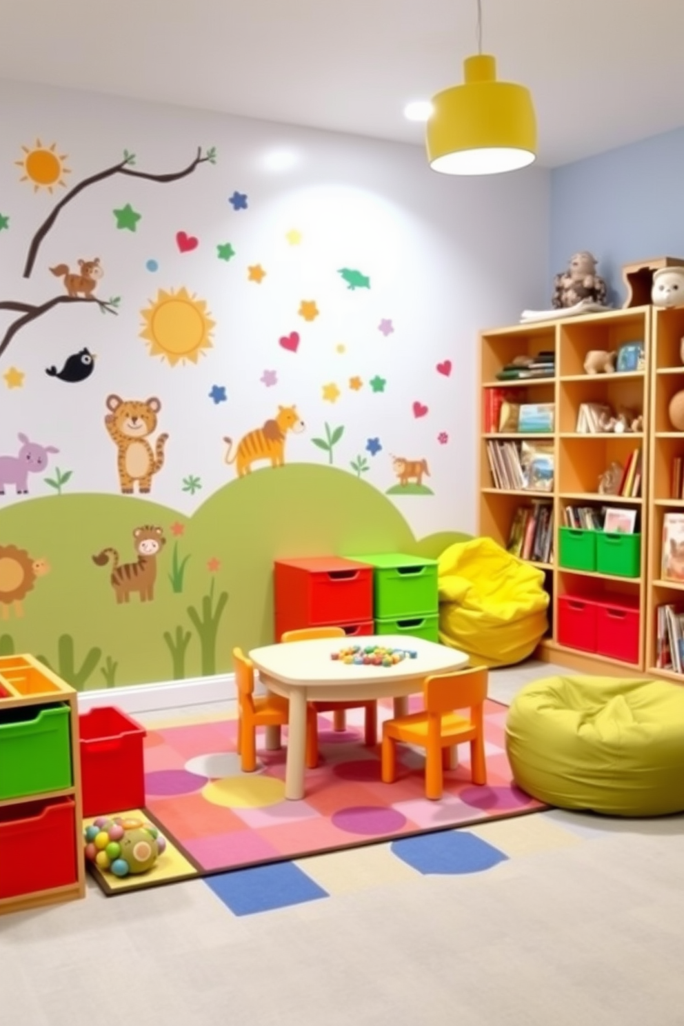 A crafting table for hands-on projects featuring a large wooden surface with ample space for various materials. Surrounding the table are colorful storage bins filled with craft supplies and a cozy rug underneath for comfort. Toddler playroom design ideas that include soft pastel colors on the walls and playful wall decals of animals and shapes. The room features a variety of age-appropriate toys, a small reading nook with cushions, and a safe, padded play area for active play.