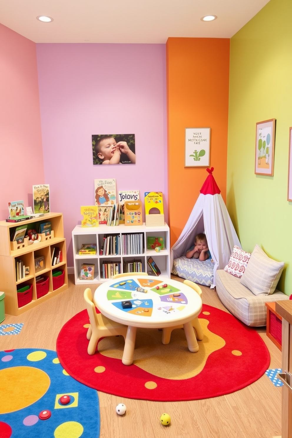 A vibrant toddler playroom filled with interactive games and puzzles. The walls are painted in cheerful pastel colors, and colorful rugs provide a soft play area. In one corner, a low bookshelf displays an array of books and toys. A large play table with chairs invites creative activities, while a cozy reading nook features plush cushions and a small tent.