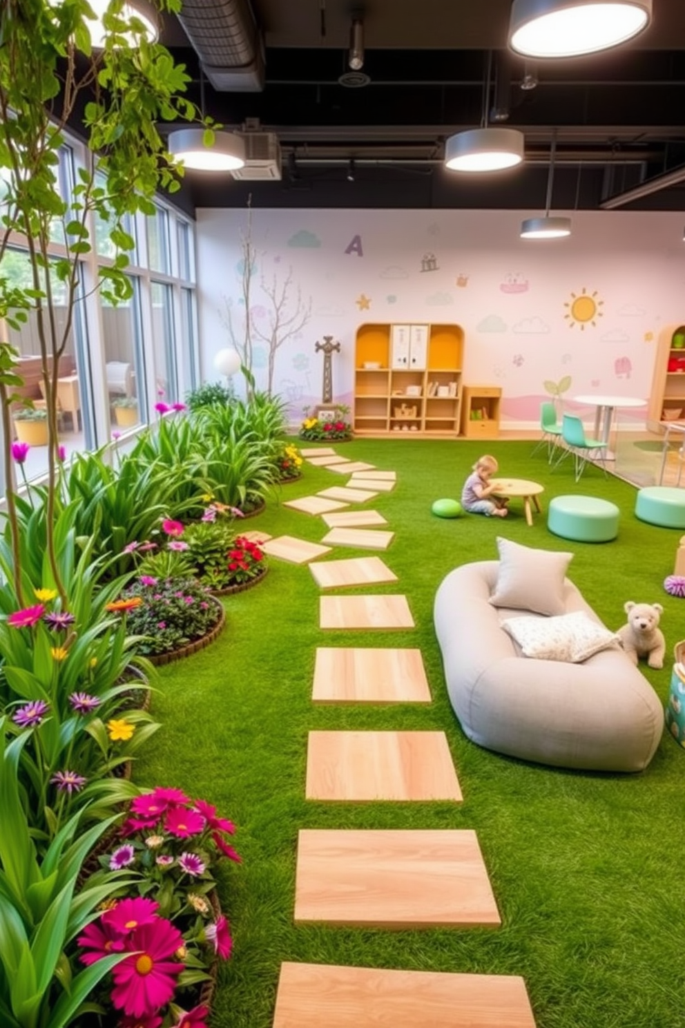 An outdoor-inspired play area filled with vibrant green plants and colorful flowers creates a refreshing atmosphere. The space features a soft grass surface with playful pathways made of natural wood, inviting children to explore and interact with nature. The toddler playroom is designed with soft pastel colors and playful wall decals that spark imagination. Cozy seating areas with plush cushions and a variety of toys encourage creativity and comfort for little ones.