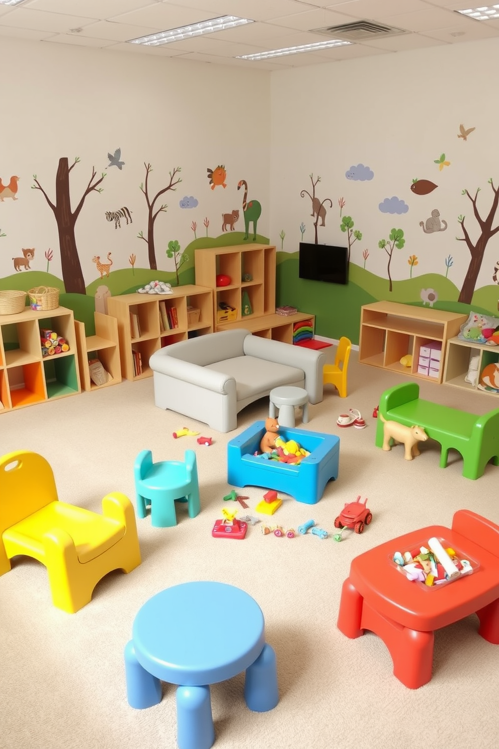 A vibrant toddler playroom features a large mirror wall that encourages interactive play and learning. The floor is covered with soft, colorful foam tiles, and various toys are neatly organized in open shelving units.