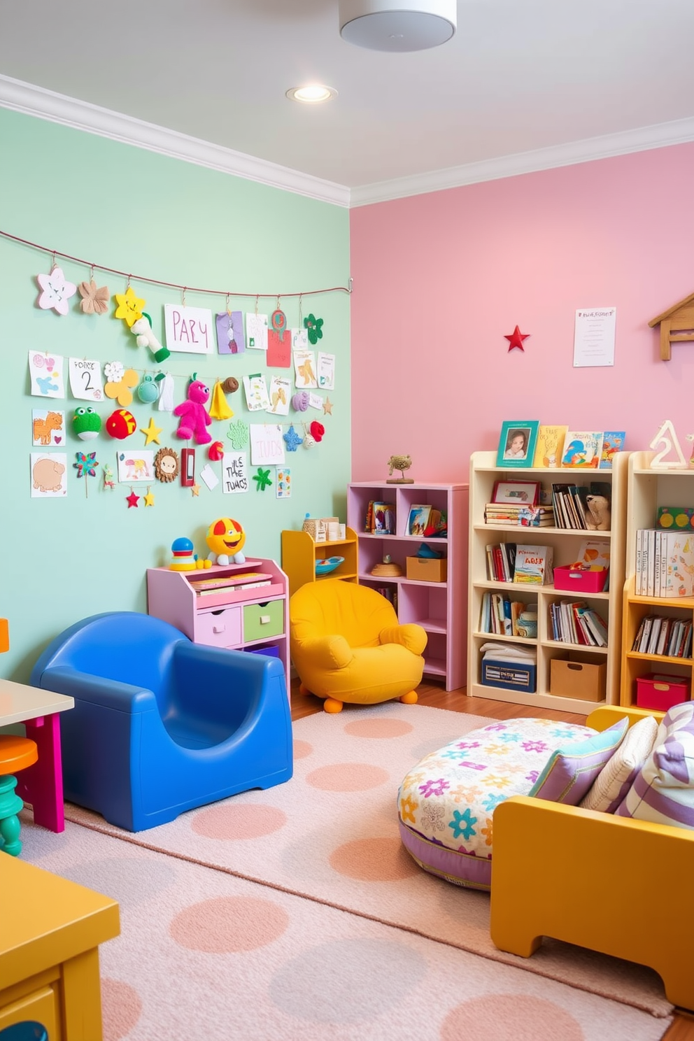 A vibrant toddler playroom filled with colorful furniture and playful decor. The walls are painted in cheerful pastel colors, and a soft area rug covers the floor. Art display wire stretches across one wall, adorned with various children's artworks and crafts. A cozy reading nook with plush bean bags and shelves filled with books is situated in the corner.