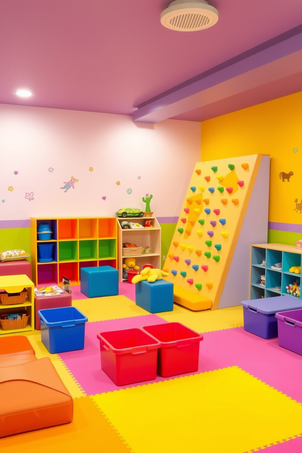 A vibrant toddler playroom filled with colorful soft play equipment and a mini climbing wall designed for physical activity. The walls are painted in cheerful pastel colors, and the floor is covered with soft, cushioned mats for safety. The mini climbing wall features various textured grips and a gentle incline, encouraging toddlers to explore and develop their motor skills. Brightly colored storage bins are scattered throughout the room, providing ample space for toys and games, while whimsical wall decals add a playful touch to the atmosphere.