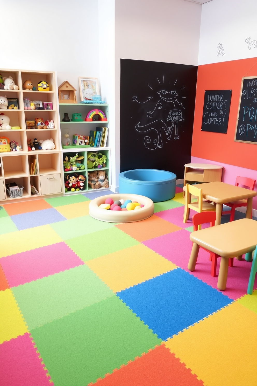 A vibrant play zone designed for toddlers featuring a soft foam mat in bright colors. The area includes a small slide, a ball pit, and shelves filled with plush toys and books. Adjacent to the play zone, a creative arts and crafts corner is equipped with a low table and colorful chairs. The walls are adorned with child-friendly artwork and a chalkboard for drawing and doodling.