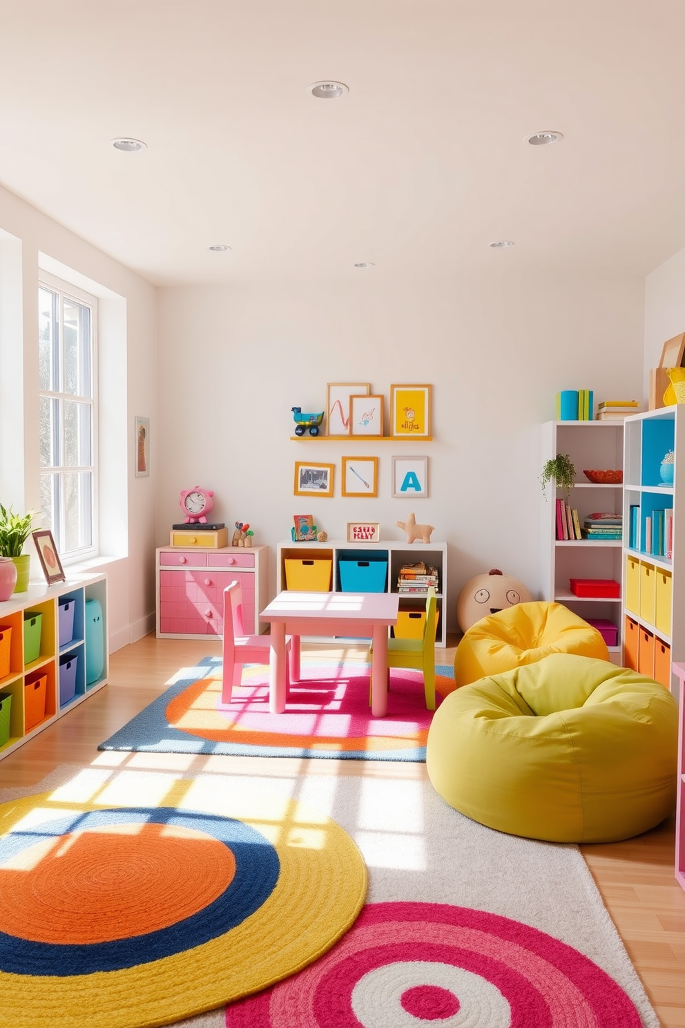 A bright and cheerful toddler playroom filled with natural light. The walls are painted in soft pastel colors, and colorful rugs cover the floor to create a cozy play area. There are playful furniture pieces like a small table and chairs in vibrant hues. Shelves are filled with toys and books, and a comfortable bean bag chair is placed in the corner for reading time.