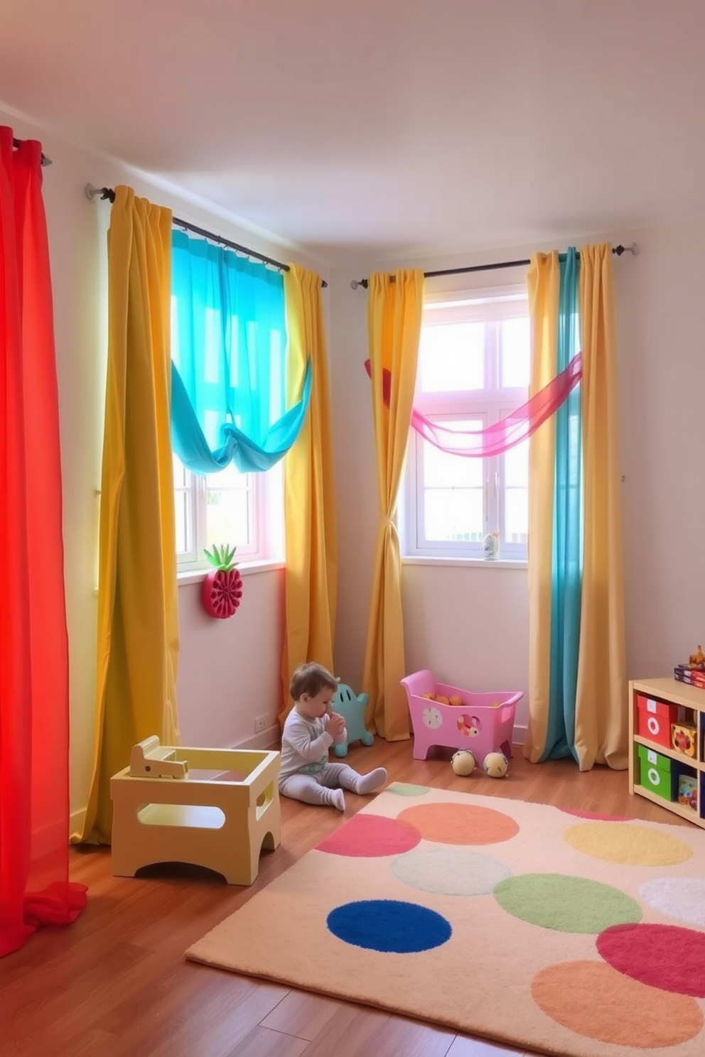 A cheerful toddler playroom filled with colorful curtains that add softness and warmth to the space. The walls are painted in a light pastel shade, and the floor is covered with a soft area rug in vibrant colors.