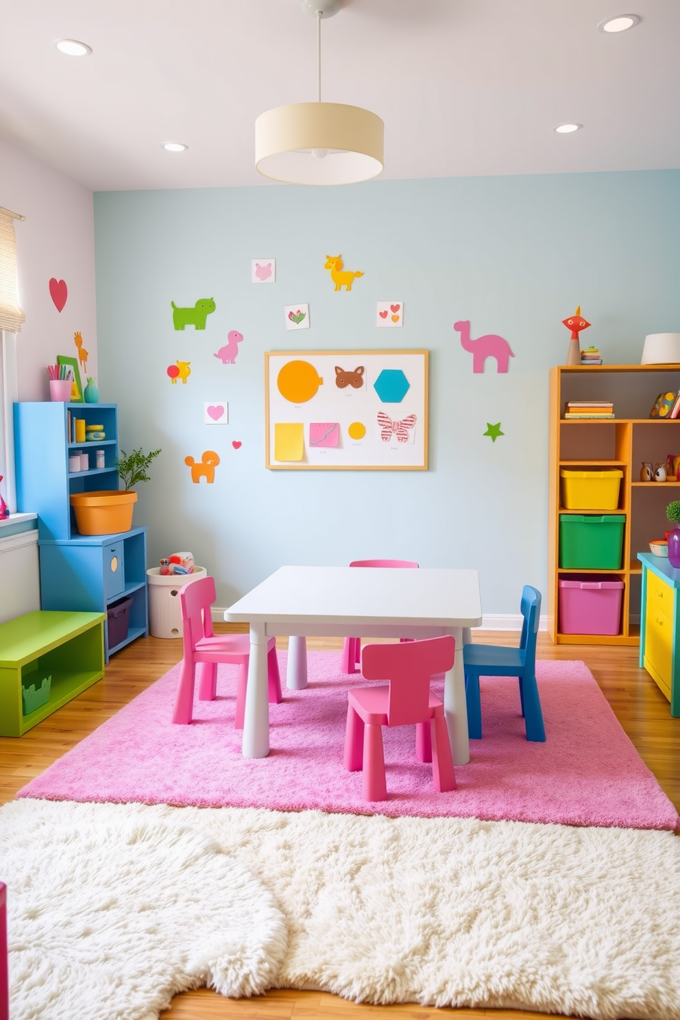 A vibrant toddler playroom filled with colorful furniture and playful decor. The centerpiece is a large, sturdy play table surrounded by small, child-sized chairs, perfect for crafts and activities. The walls are painted in cheerful pastel colors, and whimsical wall decals of animals and shapes add a fun touch. Soft, plush rugs cover the floor, providing a comfortable area for toddlers to sit and play.