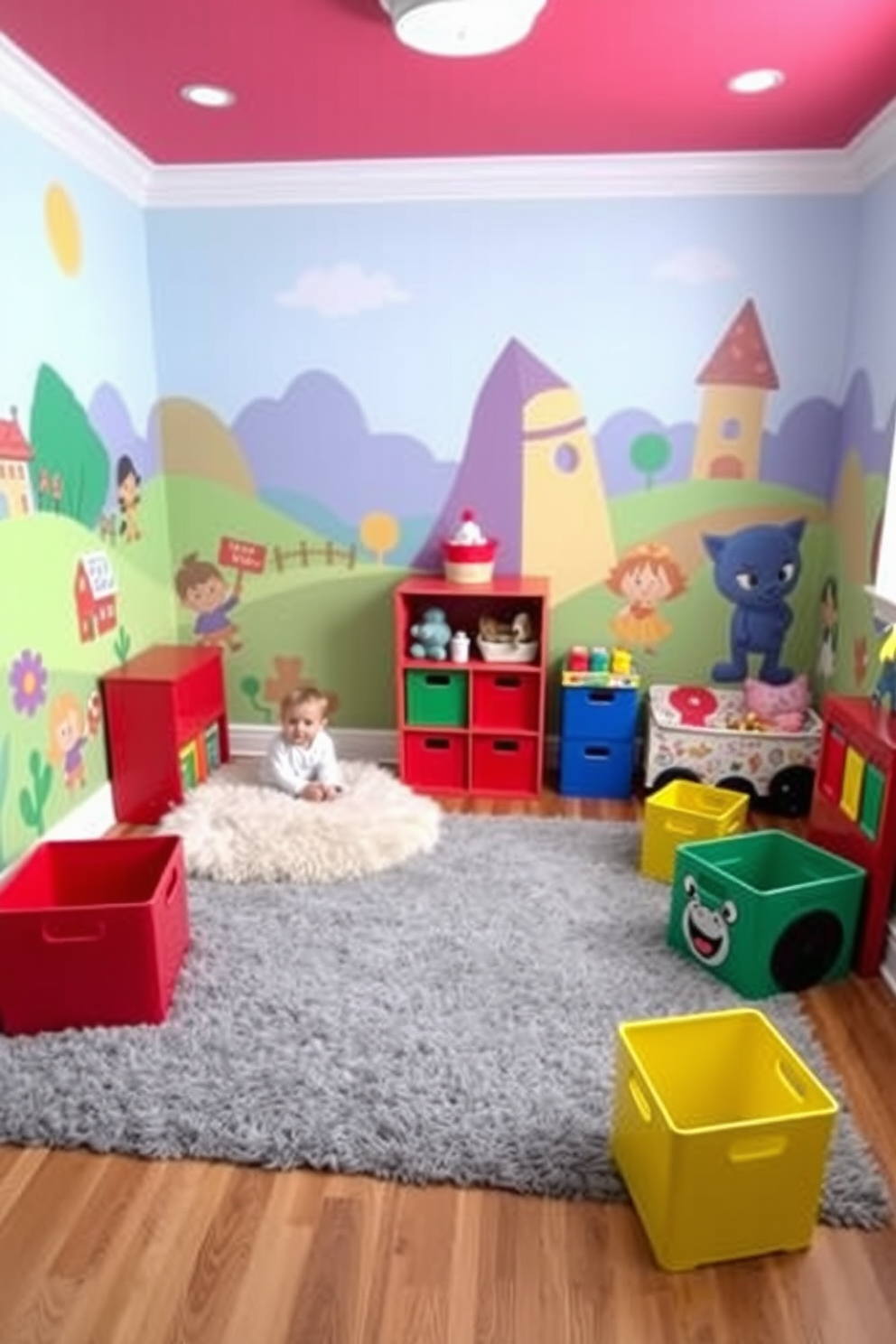 A vibrant toddler playroom inspired by beloved characters. The walls are painted in cheerful colors featuring murals of whimsical landscapes and playful characters. Soft, plush rugs cover the floor, providing a cozy area for play. Colorful storage bins shaped like characters are scattered around, making organization fun and engaging.