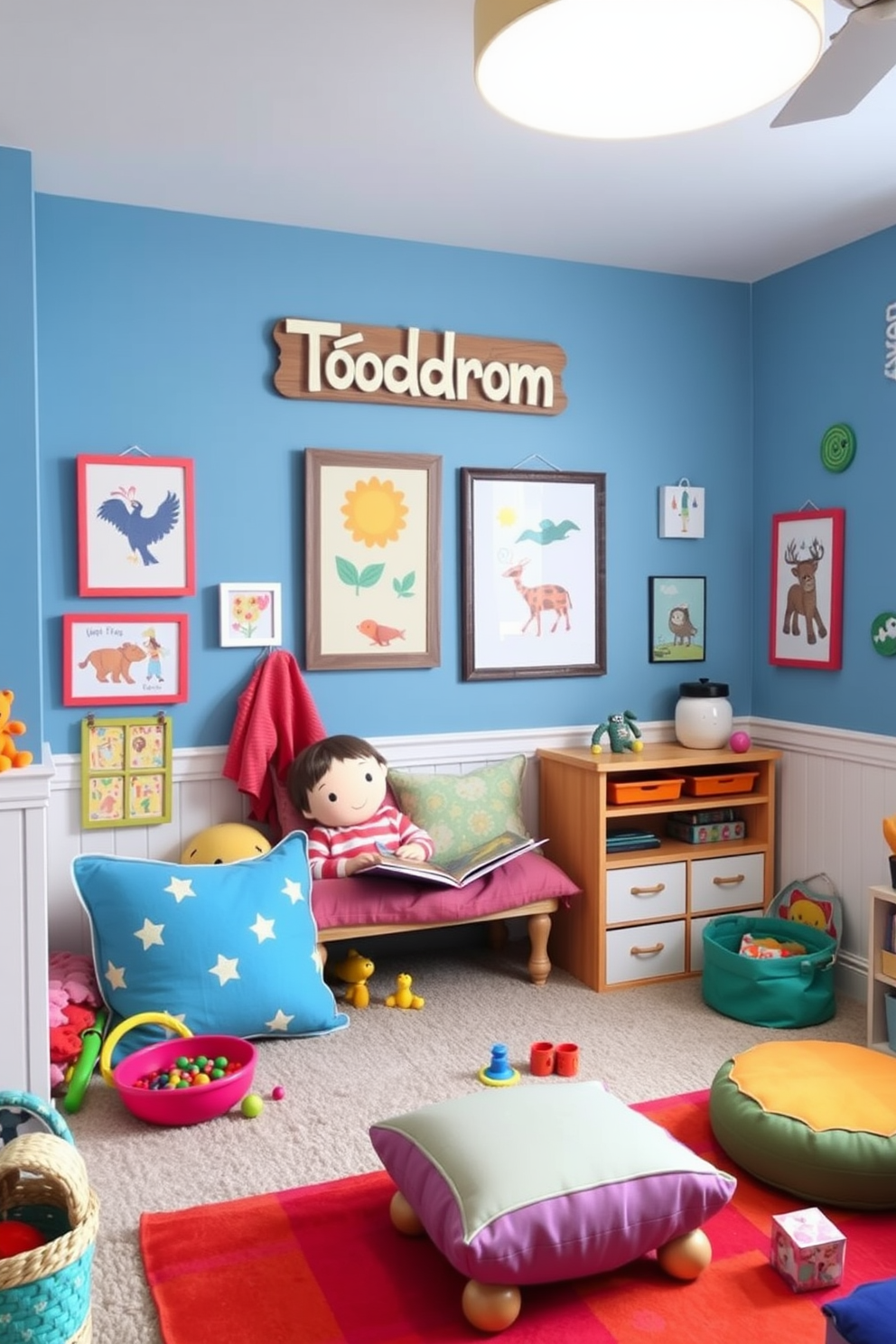 Create a vibrant and playful toddler playroom that features a personalized name sign above a cozy reading nook. The room is filled with colorful soft furnishings, interactive toys, and whimsical wall art that inspires creativity and fun.