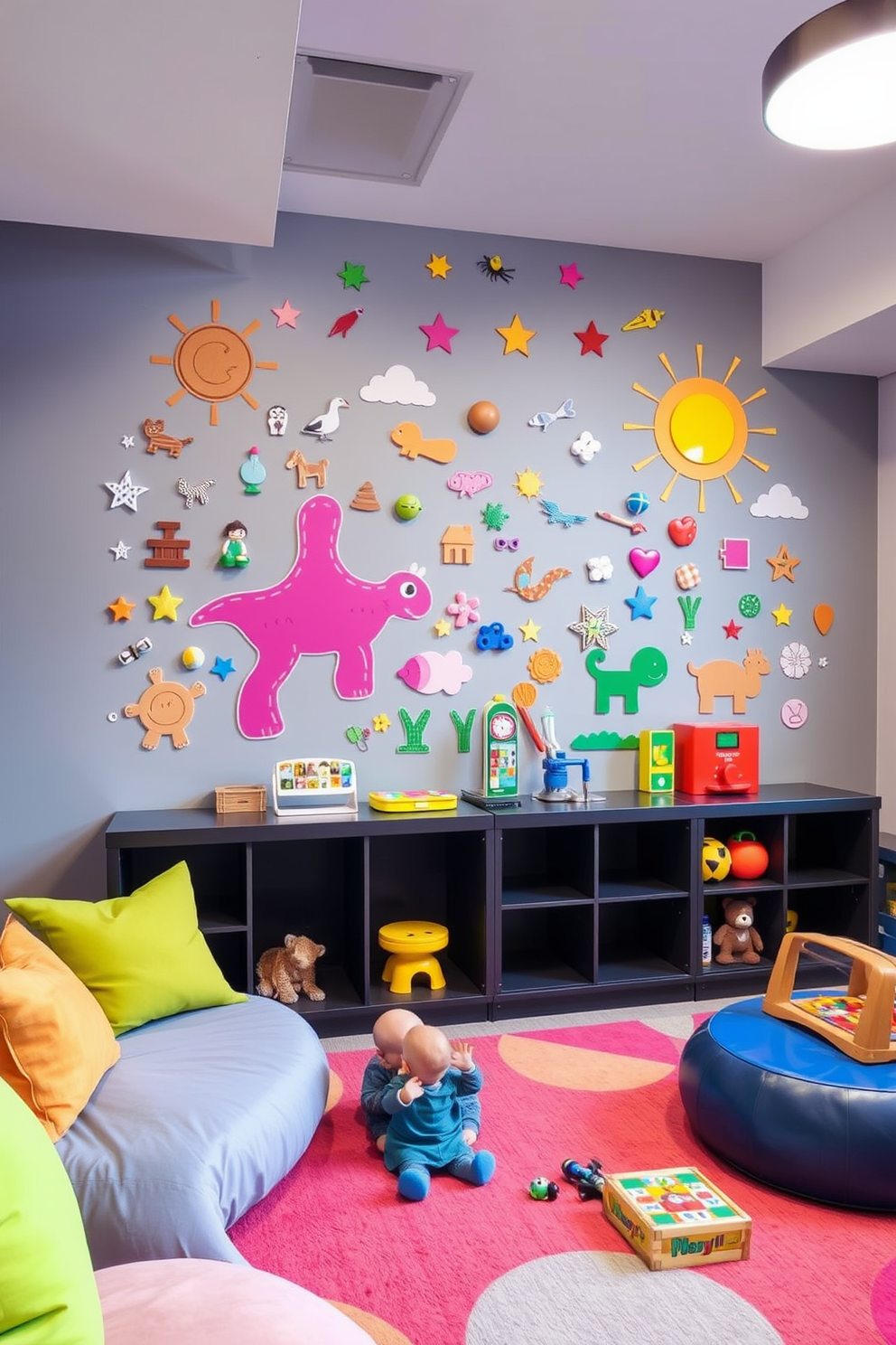 Interactive wall art designed to stimulate creativity in a toddler playroom. The walls are adorned with colorful, removable stickers that encourage imaginative play and artistic expression. The playroom features soft, plush seating areas with vibrant cushions for comfort. A variety of engaging toys and educational games are easily accessible, promoting interactive learning and exploration.