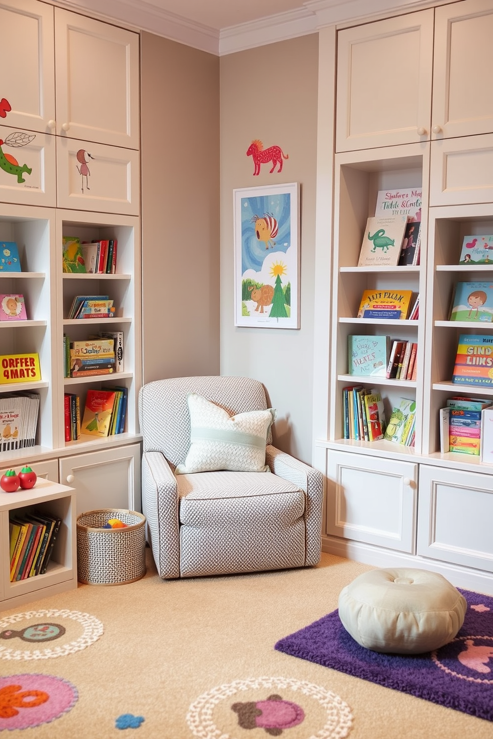 A cheerful toddler playroom filled with vibrant colors and playful decor. Soft, plush rugs cover the floor, and the walls are adorned with whimsical animal murals. In one corner, neatly arranged storage bins in various sizes provide easy toy organization. A low wooden shelf holds books and games, while a cozy reading nook with oversized cushions invites little ones to sit and explore.