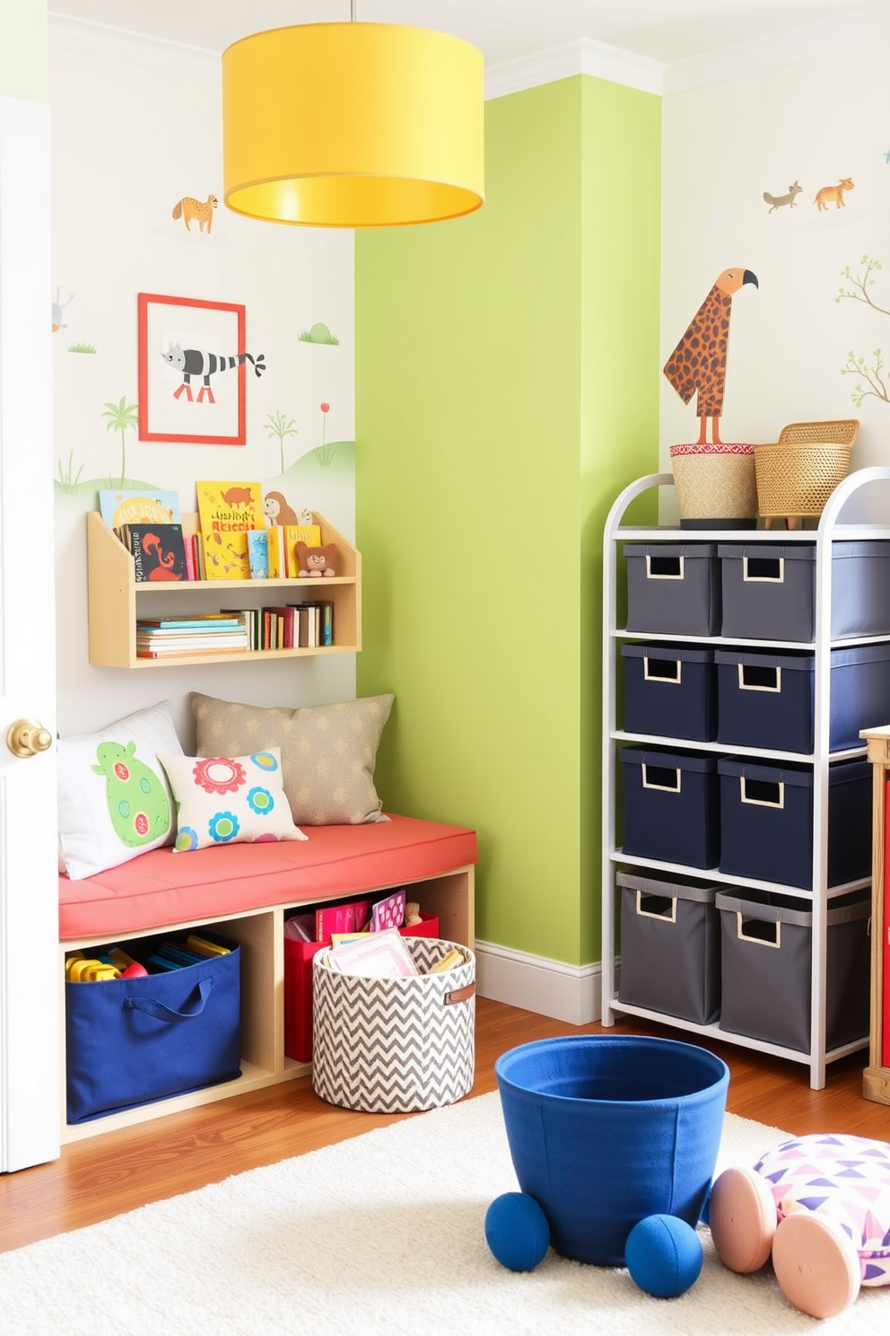 A vibrant play zone designed for toddlers features a soft, colorful carpet that cushions falls and encourages play. Brightly colored storage bins are neatly arranged along the walls, filled with plush toys and building blocks for endless creativity. The walls are adorned with playful murals of animals and nature, creating an inviting atmosphere. A small table with chairs in cheerful hues provides a space for arts and crafts, fostering imaginative expression.