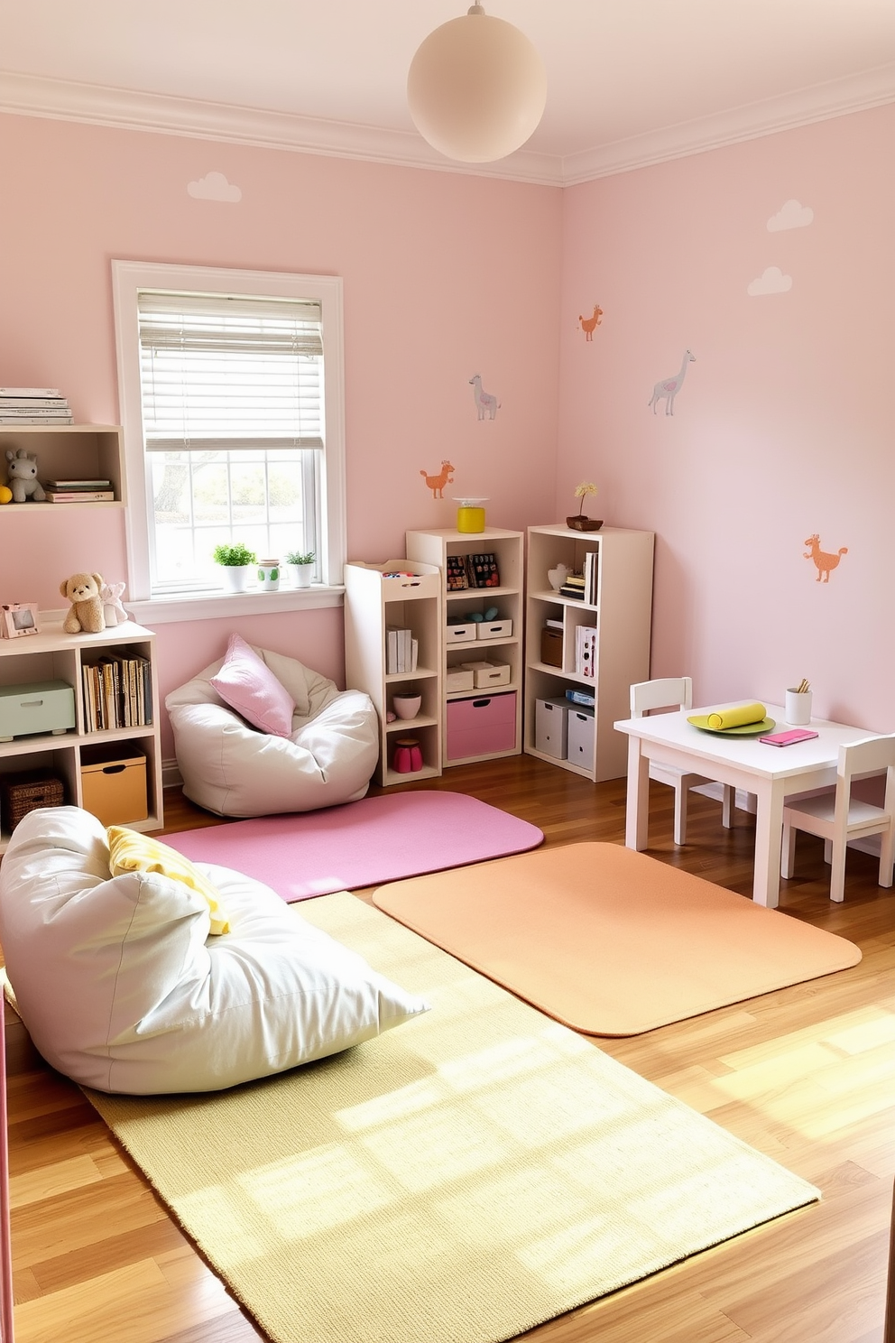 Brightly colored furniture fills the room, creating a vibrant and playful atmosphere. Soft seating options in bold hues are arranged around a low table, inviting creativity and interaction among toddlers. The walls are adorned with whimsical murals featuring animals and nature scenes, stimulating the imagination. A plush, patterned area rug adds comfort and warmth to the space, ensuring a safe play environment for young children.