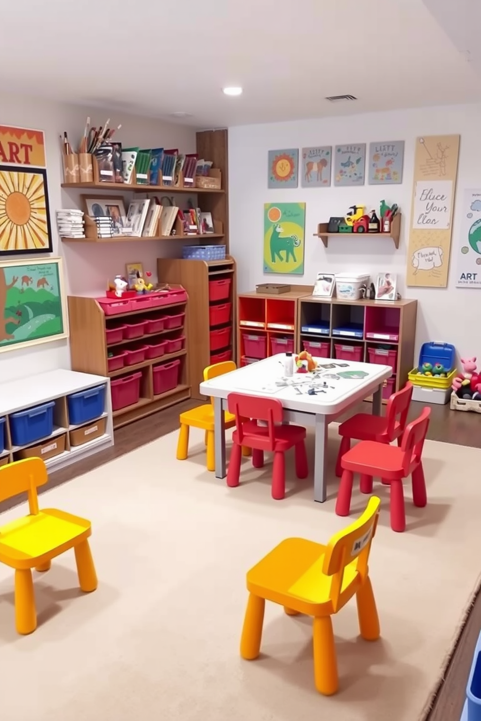 Art station with easy cleanup surfaces. A spacious table with a durable, wipeable surface is surrounded by colorful, child-sized chairs. The walls are adorned with bright, inspiring artwork and shelves filled with art supplies in clear containers. A large, soft rug provides a comfortable area for creative play and easy cleanup. Toddler Playroom Design Ideas. The room features a safe, padded play area with soft toys and climbing structures. Brightly colored storage bins are easily accessible for children, encouraging them to tidy up after themselves.