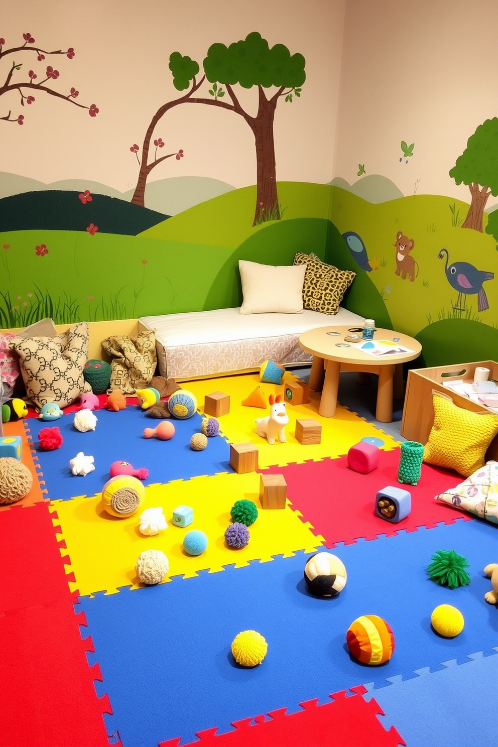 A cozy sensory play area designed for toddlers features a soft foam mat in vibrant colors that invites exploration. Various textured toys are scattered throughout, including plush balls, textured blocks, and sensory bags filled with different materials. The walls are adorned with playful murals depicting nature scenes, creating an engaging and stimulating environment. A small table with art supplies encourages creativity, while a corner nook with cushions provides a quiet space for relaxation.