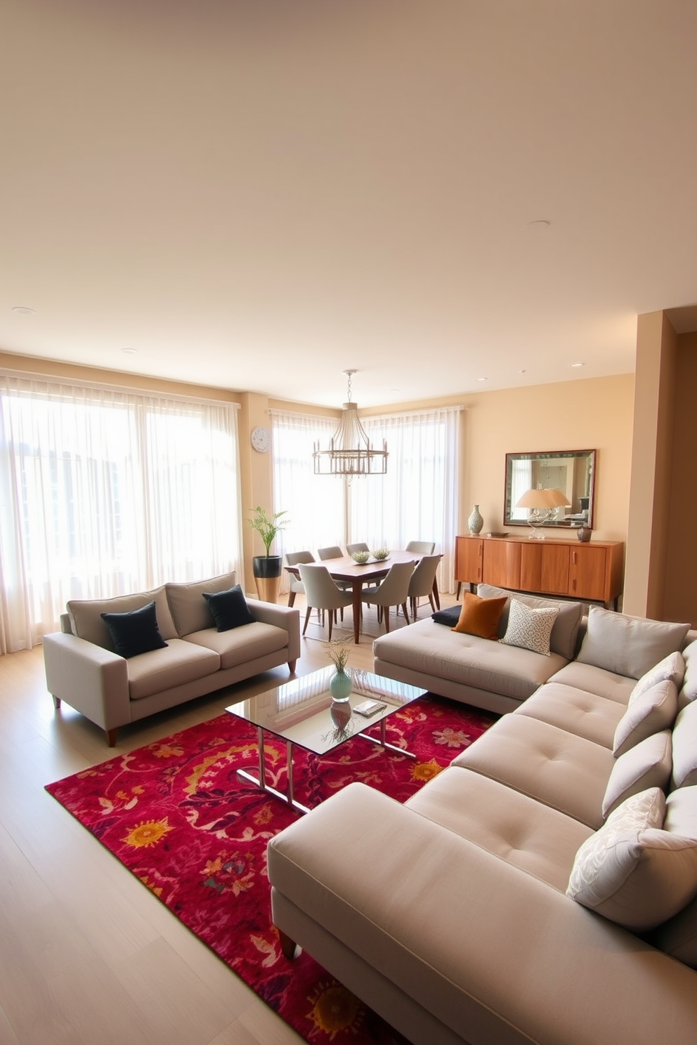 A spacious open concept living and dining area features a large sectional sofa in a soft gray hue paired with a sleek glass coffee table. The dining area includes a modern wooden table surrounded by stylish upholstered chairs, with a statement chandelier hanging above. Natural light floods the space through large windows adorned with sheer white curtains. The walls are painted in a warm beige tone, and a vibrant area rug anchors the seating arrangement, adding a pop of color to the room.