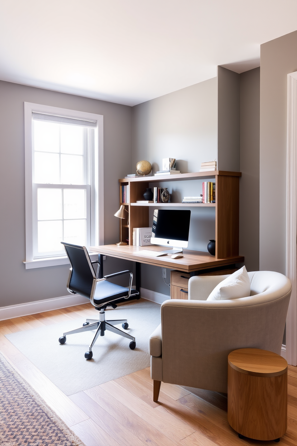 A functional home office nook designed within a townhouse apartment features a sleek wooden desk positioned against a bright window. The desk is complemented by an ergonomic chair and organized with stylish storage solutions, including floating shelves above. The walls are painted in a soft gray tone that enhances the natural light, creating a calming atmosphere. A cozy reading corner with a plush armchair and a small side table adds warmth and invites relaxation during breaks.