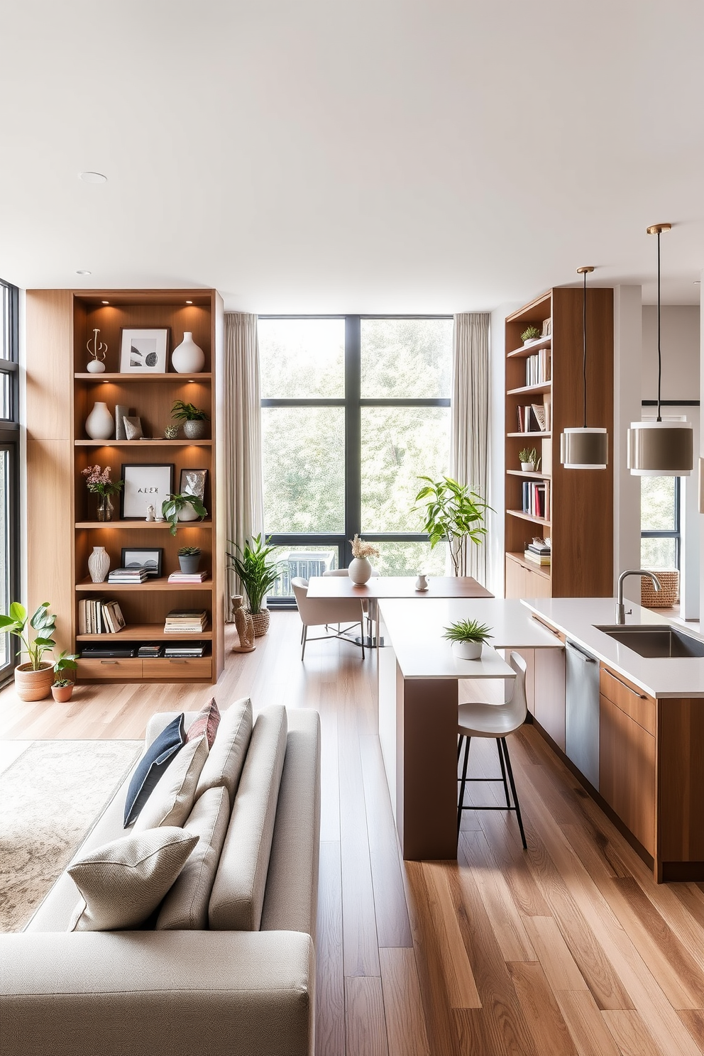 A modern townhouse apartment with built-in shelving integrated into the living room walls. The shelves are filled with carefully curated decor pieces, plants, and books, creating a warm and inviting atmosphere. The open-plan layout features a sleek kitchen with a large island that doubles as a breakfast bar. Natural light floods the space through large windows, highlighting the contemporary furnishings and neutral color palette.