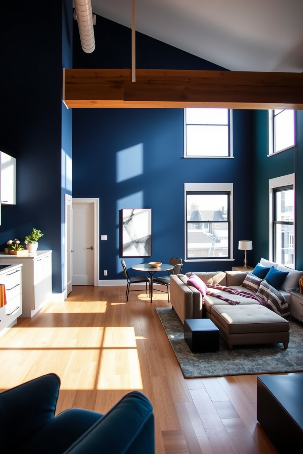 A modern townhouse apartment featuring bold accent walls in deep navy blue that create a striking focal point in the living area. The open concept layout includes a stylish kitchen with sleek cabinetry and a cozy dining nook adjacent to the living space. The living room is adorned with a plush sectional sofa in neutral tones, complemented by vibrant throw pillows that tie in the accent wall. Large windows allow natural light to flood the space, enhancing the warm atmosphere of the apartment. In the bedroom, a bold accent wall in a rich forest green serves as the backdrop for a contemporary bed with layered bedding. Minimalist nightstands on either side of the bed provide functional elegance, while a chic area rug adds texture to the hardwood floor.