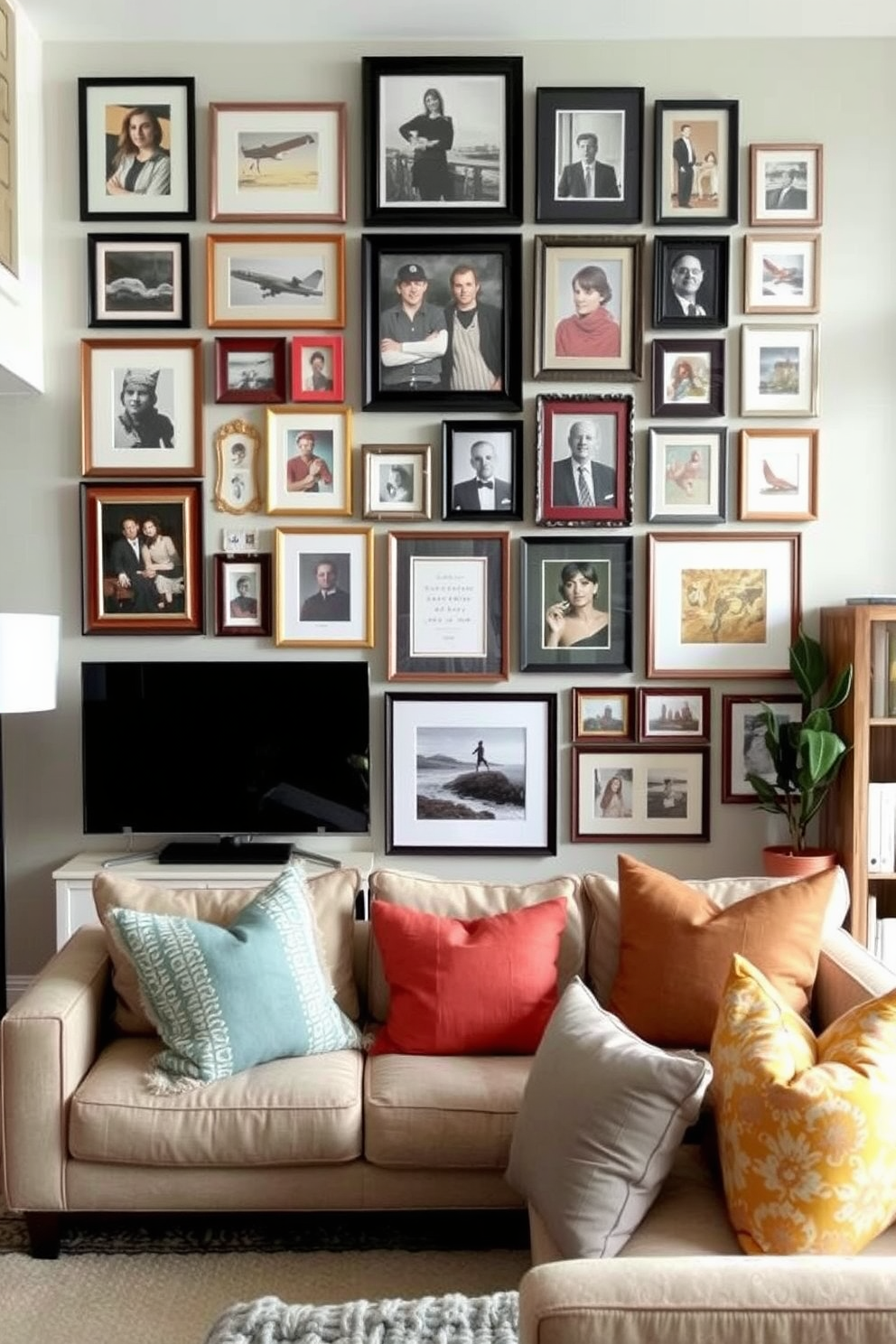 Create a gallery wall that showcases a mix of framed photographs and artwork. Incorporate various frame styles and colors to add depth and character to the space. In a townhouse apartment, design an open-concept living area that blends modern and cozy elements. Use a neutral color palette with pops of color from decorative cushions and artwork to create a welcoming atmosphere.