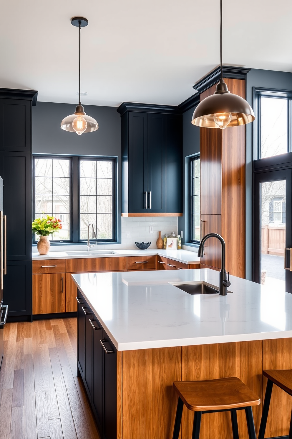 A modern townhouse kitchen with a spacious island featuring a sleek quartz countertop. Above the island, stylish pendant lights hang, illuminating the space with a warm glow and enhancing the contemporary design. The cabinetry is a mix of deep navy blue and warm wood tones, creating a striking contrast. Large windows allow natural light to flood the room, highlighting the beautiful finishes and inviting atmosphere.