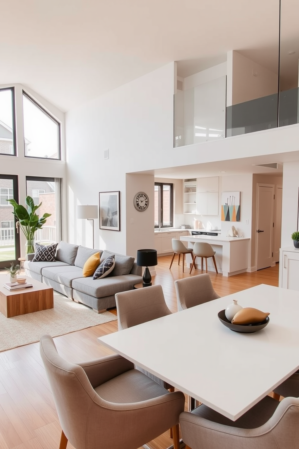 A modern townhouse apartment featuring an open-concept living area with large windows allowing natural light to flood the space. The cohesive color palette consists of soft grays, warm whites, and subtle earth tones, creating a serene and inviting atmosphere. In the living room, a plush gray sectional sofa is paired with a light wood coffee table and accented with colorful throw pillows. The dining area showcases a sleek white table surrounded by upholstered chairs, harmonizing with the overall color scheme and enhancing the flow of the space.