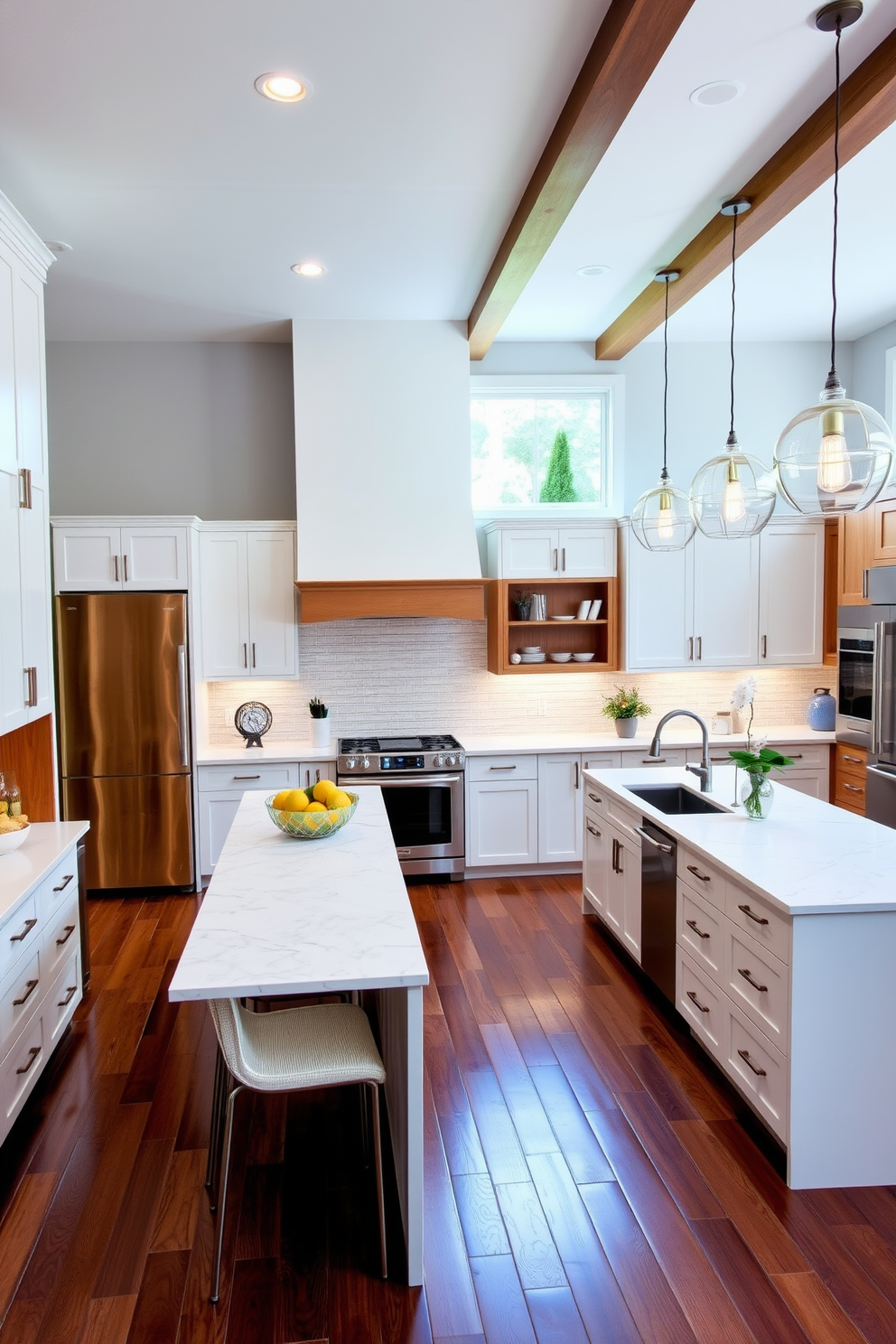 Create an open kitchen with a large central island that features a sleek quartz countertop and barstools for casual dining. The cabinetry is a mix of modern white and warm wood tones, complemented by stainless steel appliances and pendant lighting that adds a touch of elegance.