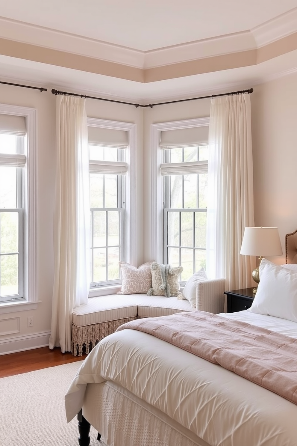 A serene bedroom retreat featuring soft tones. The walls are painted in a light pastel shade, complemented by a plush upholstered headboard and delicate bedding. Natural light floods the space through large windows adorned with sheer curtains. A cozy seating area with a small reading nook is positioned by the window, inviting relaxation.