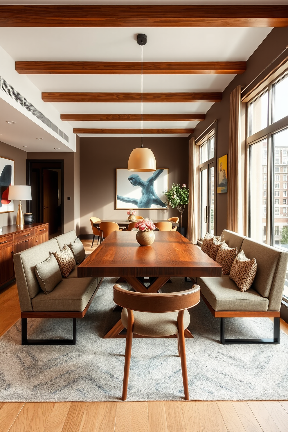 A stylish dining area in a townhouse apartment featuring a large wooden dining table surrounded by comfortable bench seating. The walls are adorned with contemporary art, and large windows allow natural light to flood the space, highlighting the warm tones of the furnishings.