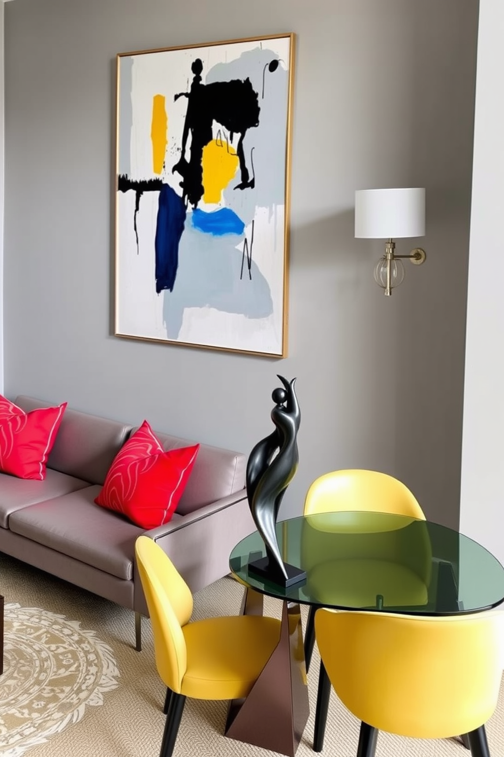 A stylish townhouse apartment featuring statement art pieces as focal points. The living area showcases a large abstract painting above a sleek modern sofa, complemented by vibrant throw pillows. In the dining space, a striking sculpture stands on a minimalist side table, drawing attention to the elegant dining set. The walls are painted in a soft gray, allowing the art to pop and enhance the overall aesthetic.