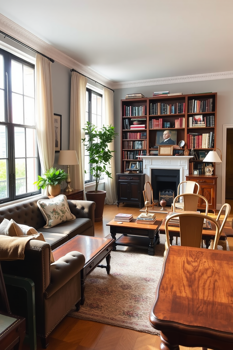 A stylish townhouse apartment featuring vintage furniture that exudes character and charm. The living area is adorned with a plush velvet sofa, an antique coffee table, and a bookshelf filled with classic novels. In the dining space, a rustic wooden table is surrounded by mismatched chairs, each with its unique design. Large windows draped with sheer curtains allow natural light to flood the room, highlighting the eclectic decor.