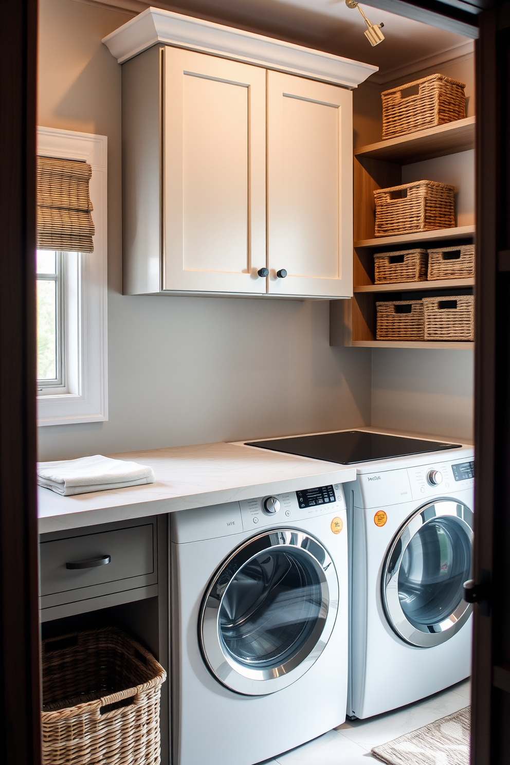 A stylish laundry area features a sleek countertop for folding clothes and ample storage cabinets above the washer and dryer. The space is illuminated by natural light from a nearby window, and decorative baskets are neatly arranged for organization.