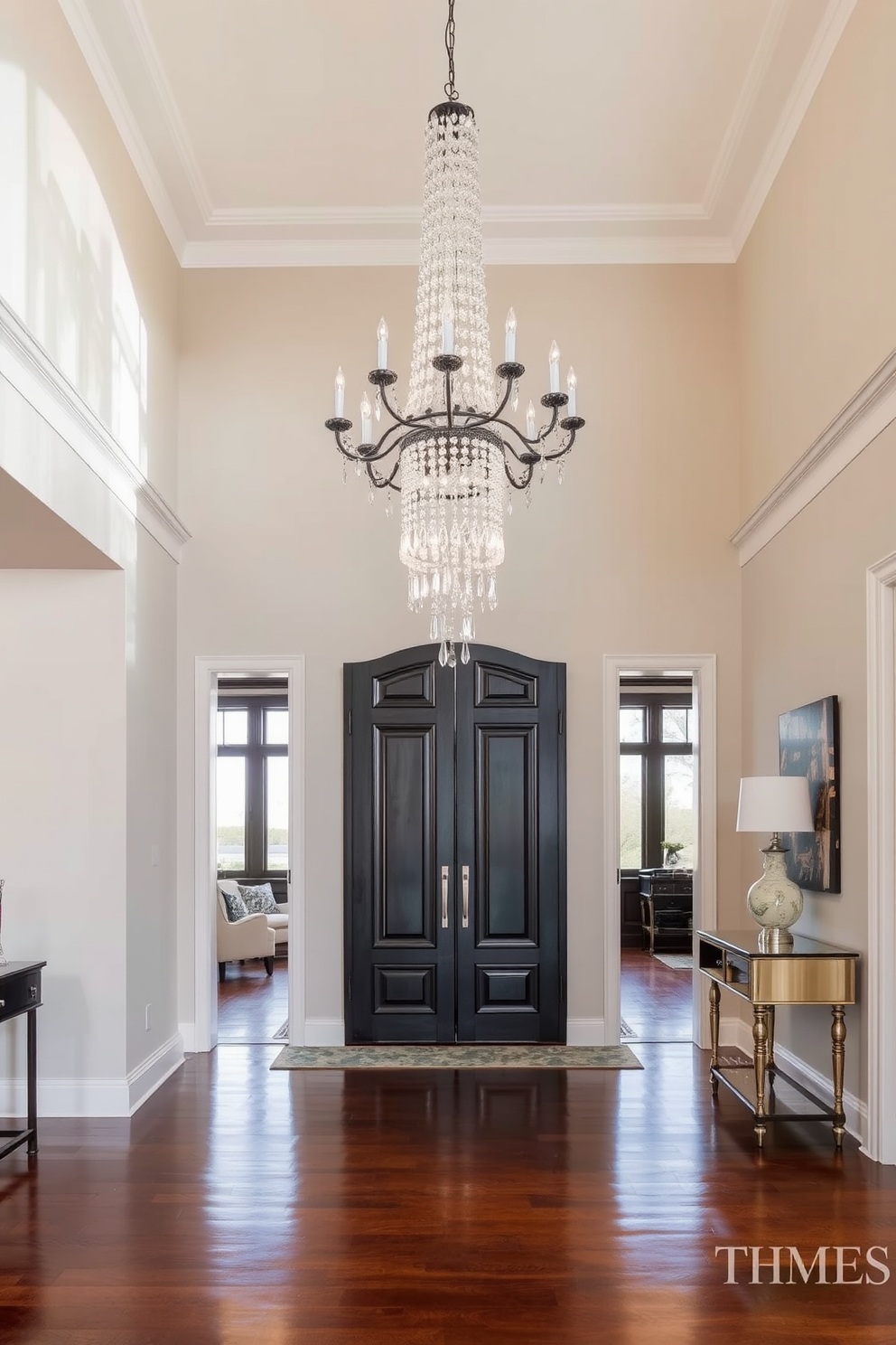 A stunning foyer in a townhouse apartment features a grand statement chandelier that cascades elegantly from the ceiling. The walls are adorned with soft neutral tones, while the floor is finished with polished hardwood that complements the overall sophistication of the space.