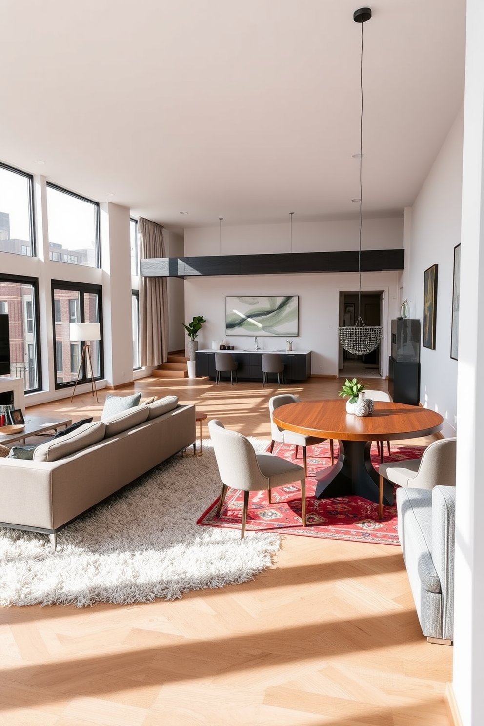 A stylish townhouse apartment featuring an open-concept living area. The space includes a plush area rug that defines the seating area, with a modern sectional sofa facing a sleek media console. In the dining area, a round wooden table is surrounded by upholstered chairs, with a colorful area rug anchoring the space. Large windows allow natural light to fill the room, highlighting the contemporary art pieces on the walls.