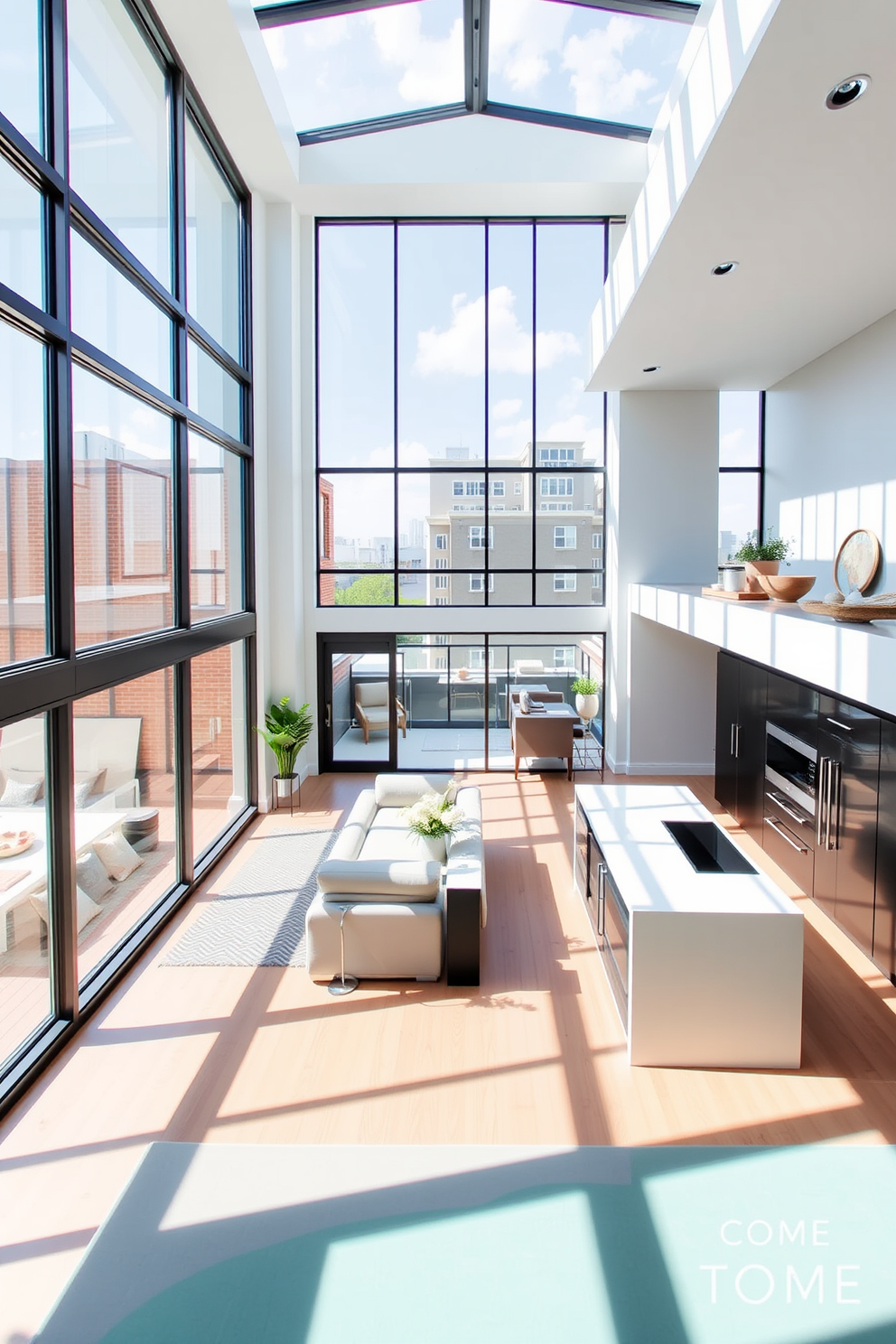 Maximize natural light with large windows that stretch from floor to ceiling in a modern townhouse apartment. The open layout features a spacious living area that seamlessly connects to a stylish kitchen, adorned with sleek cabinetry and a large island for entertaining.