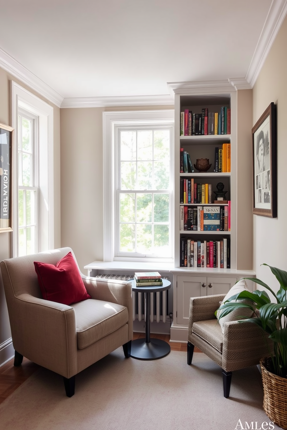 A cozy reading nook by the window features a plush armchair in a soft fabric, paired with a small round side table for books and a cup of tea. Natural light floods the space, highlighting a built-in bookshelf filled with an array of colorful novels and decorative items.