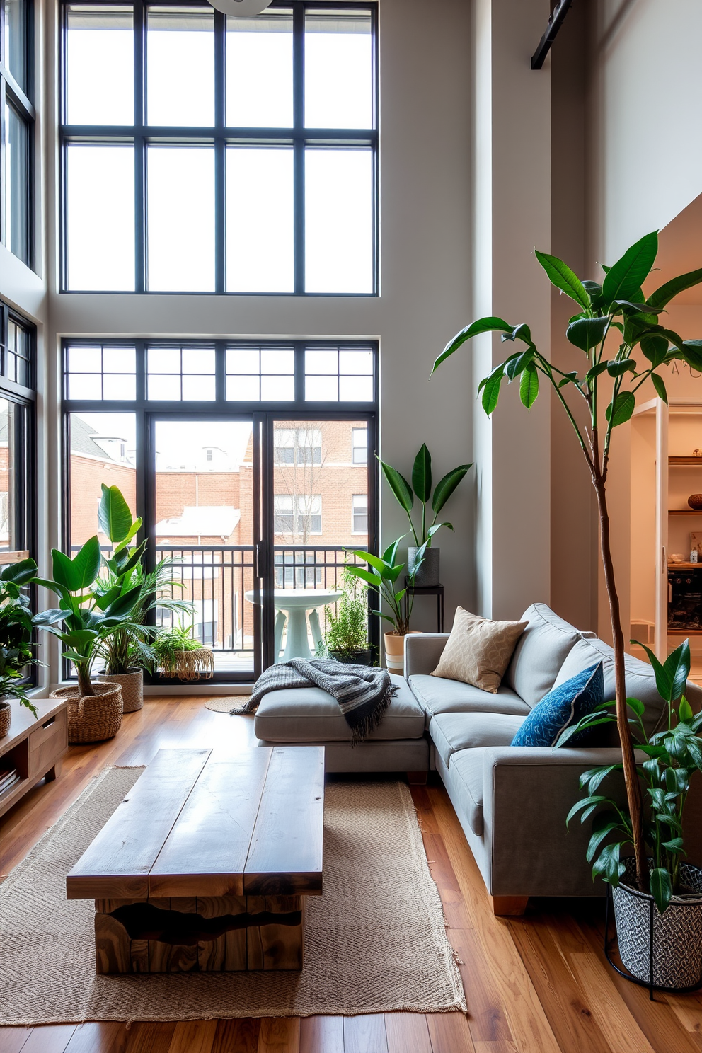 A stylish townhouse apartment featuring an open-concept living space. The room is adorned with large windows allowing natural light to flood in, complemented by indoor plants placed strategically throughout for a touch of freshness. The living area includes a plush sectional sofa in neutral tones, paired with a sleek coffee table made of reclaimed wood. A vibrant green potted plant stands in the corner, adding life to the space and enhancing the overall aesthetic.