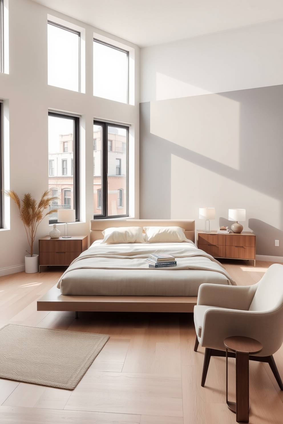 A serene townhouse bedroom featuring modern minimalist decor with neutral tones. The room is adorned with a low-profile platform bed dressed in soft beige linens and flanked by sleek nightstands with minimalist lamps. Large windows allow natural light to flood the space, highlighting the light wood flooring and soft gray accent wall. A cozy reading nook is created with a simple armchair and a small side table, enhancing the room's tranquil atmosphere.