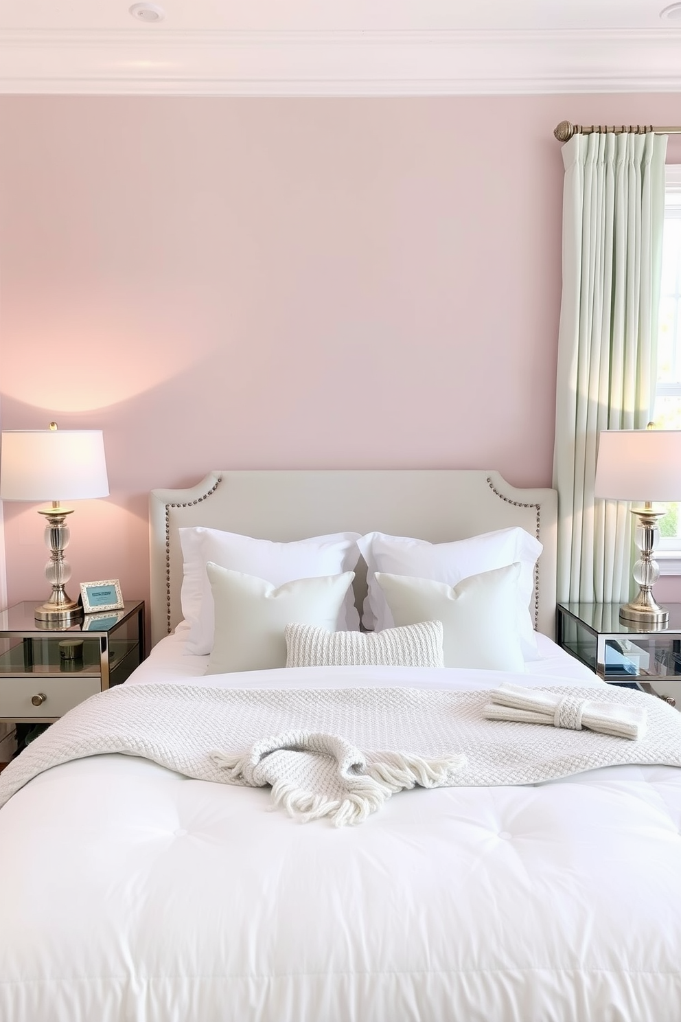 A serene townhouse bedroom featuring a soft pastel palette. The walls are painted in a gentle blush pink, complemented by light mint green accents in the bedding and curtains. A plush king-sized bed is centered against the wall, adorned with fluffy white pillows and a cozy knitted throw. A stylish nightstand on either side holds elegant lamps with soft white shades, casting a warm glow in the evening.