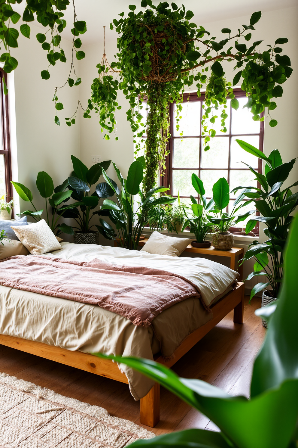 A serene townhouse bedroom filled with nature-inspired elements. Lush indoor plants are strategically placed around the room, bringing a fresh and vibrant atmosphere. The bed features a wooden frame with soft, earthy linens that complement the natural theme. A large window allows natural light to flood in, highlighting the greenery and creating a tranquil retreat.