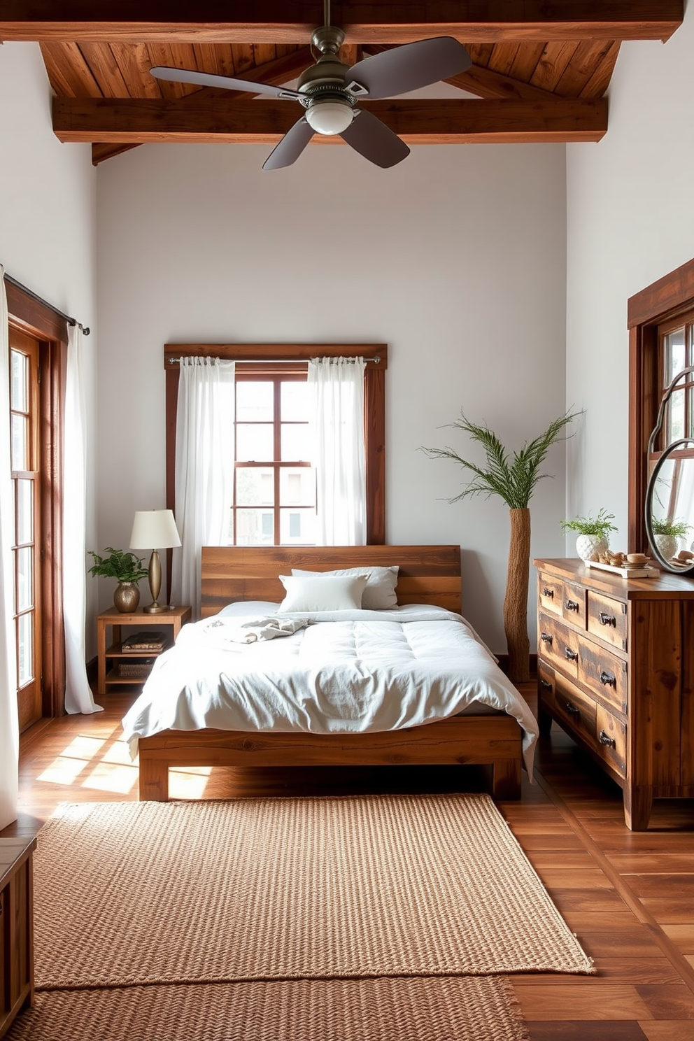 A cozy townhouse bedroom featuring reclaimed wood accents. The bed is framed with a rustic wooden headboard and layered with soft, neutral bedding. Natural light filters through large windows adorned with sheer curtains. A vintage dresser made from reclaimed wood stands against one wall, complemented by a woven area rug.