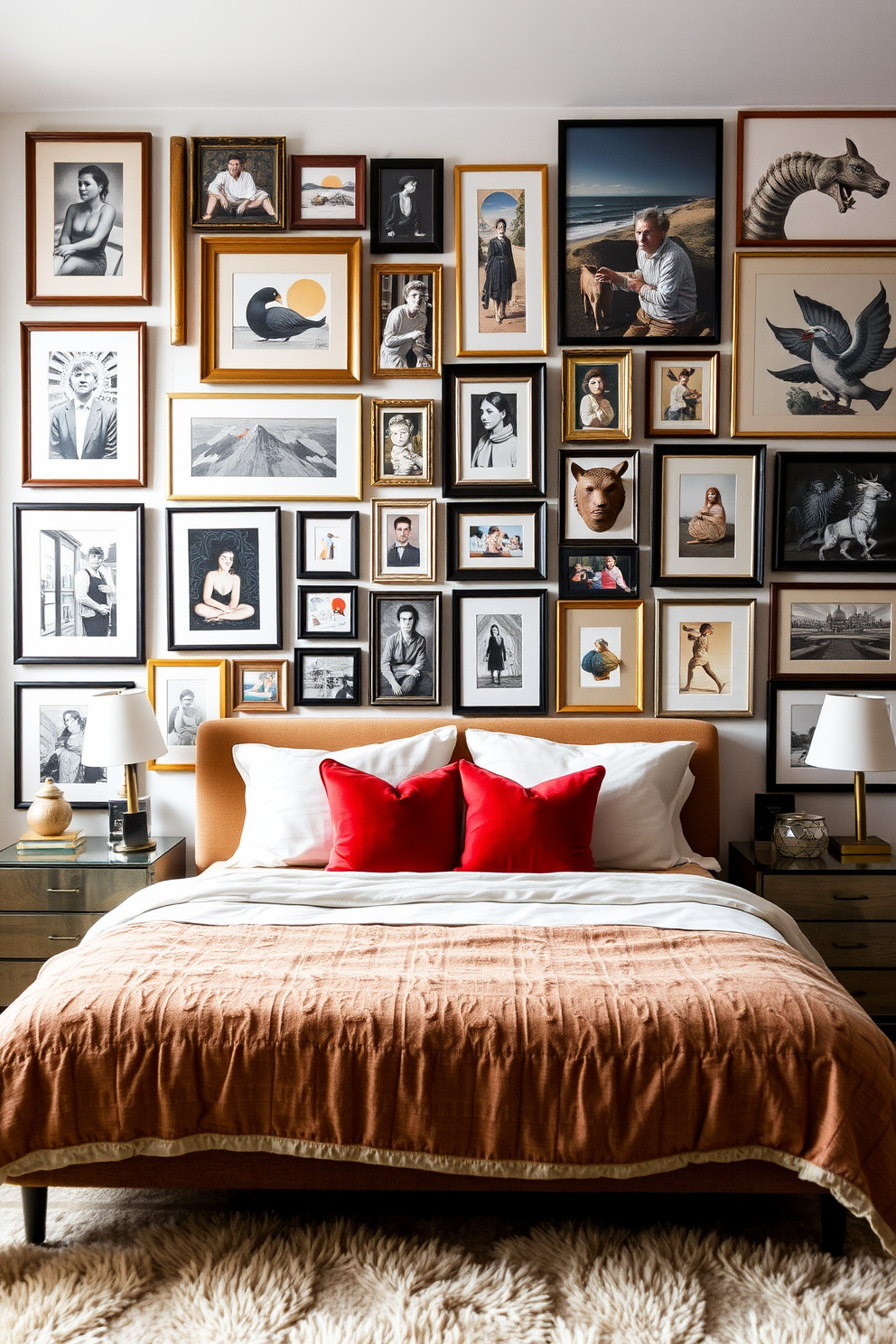 A townhouse bedroom featuring bright color pops through carefully selected accessories. The walls are painted in a soft neutral tone, allowing vibrant throw pillows and a bold area rug to stand out.