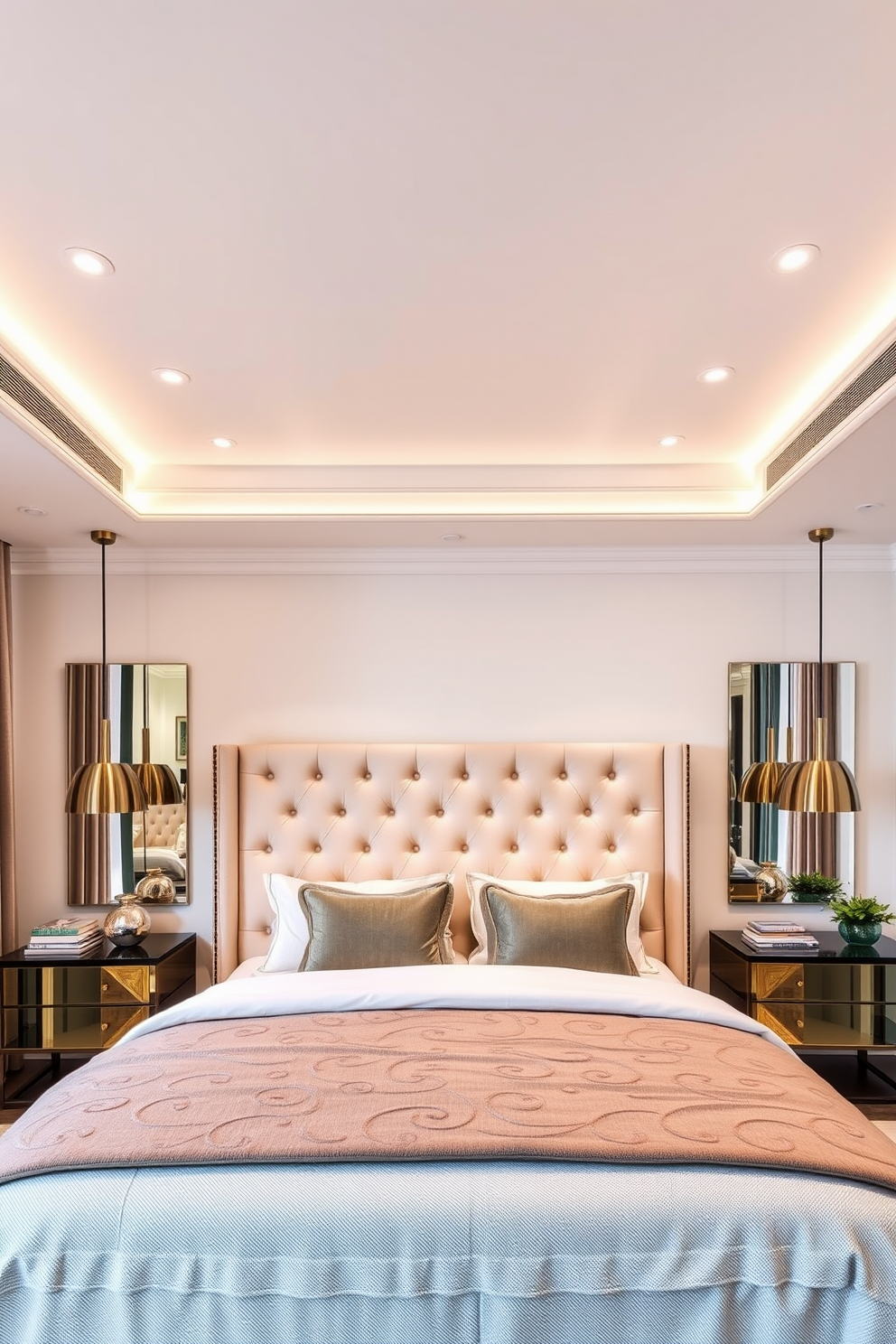 A sleek modern bedroom featuring a low-profile platform bed with crisp white linens and a minimalist headboard. The room is adorned with a pair of stylish nightstands, each holding a contemporary lamp, and large windows that bring in natural light. The color palette consists of soft greys and whites, enhancing the sense of simplicity and tranquility. A cozy reading nook is created by a comfortable armchair placed beside a floor-to-ceiling bookshelf filled with curated decor and books.